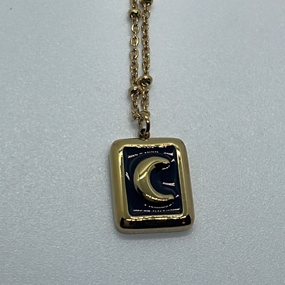 Gold Tone Moon 🌙 Black Enamel Pendant Necklace - Picture 4 of 9